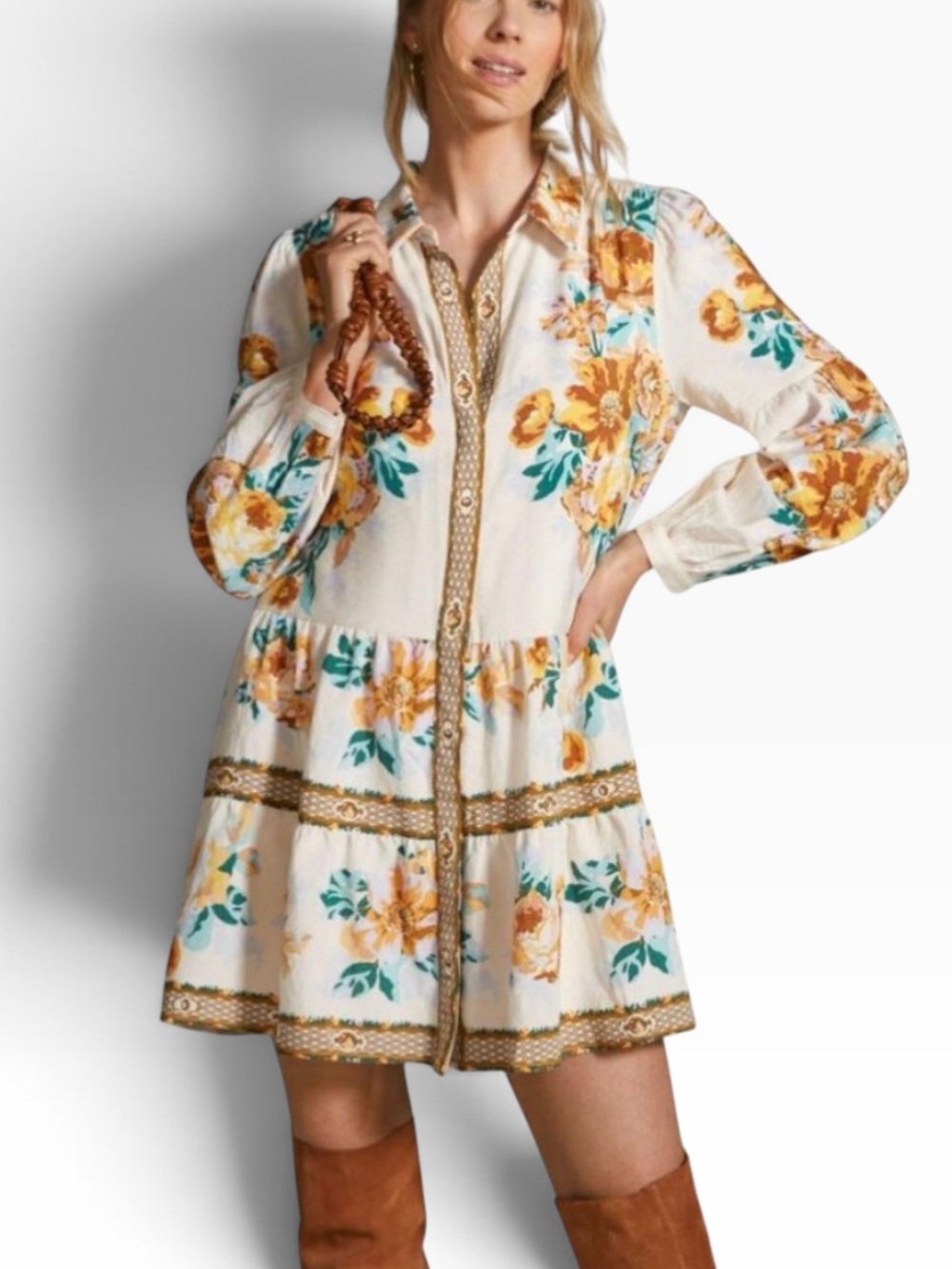ANTHROPOLOGIE Ivory/Floral Tiered Mini Shirt Dress Button Front Boho Size Xsmall